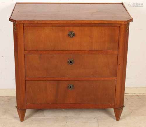 French 19th century mahogany chest of drawers with brass mounts. Size: 69 x 71x 42 cm. In good