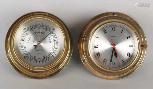 Old brass ship's clock and barometer. Talamex. Battery function. Second half 20th century. Size: 7 x