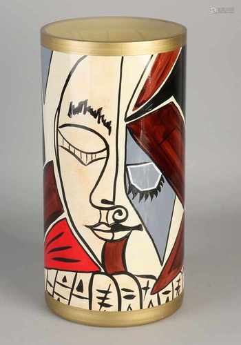 Picasso-style high cold painted glass vase. 20th century. Size: 30 x 15 cm dia. In good condition.