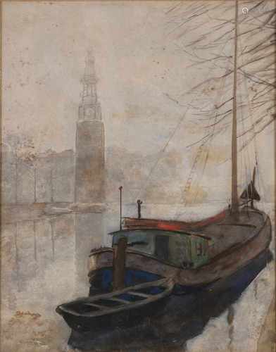 Unsigned. Circa 1900. Amsterdam canal. Watercolor on paper. Size: 24 x H, B 19 cm. In fair / good