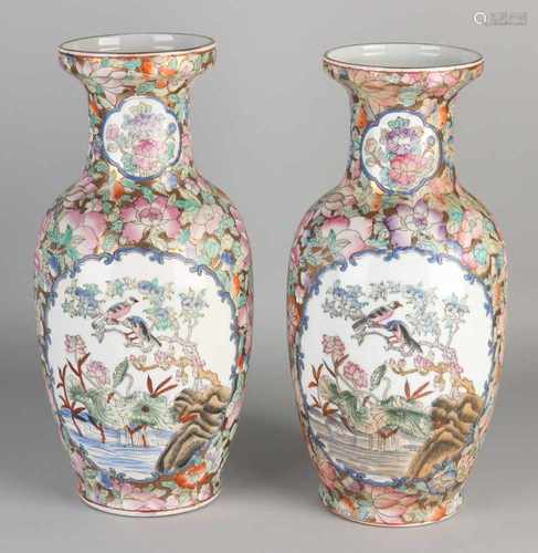 Two Chinese porcelain vases with Rose Family soil brand, floral / bird decor. Second half 20th