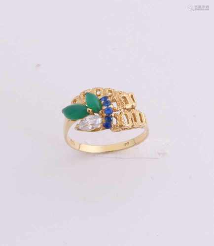 Yellow gold ring, 585/000, with color stones. Ring with an openwork curled band occupied with 2