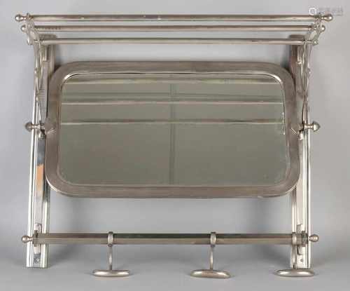 Chrome metallic Art Deco-style bathroom mirror with hooks. Second half 20th century. Size: 50 x 63 x