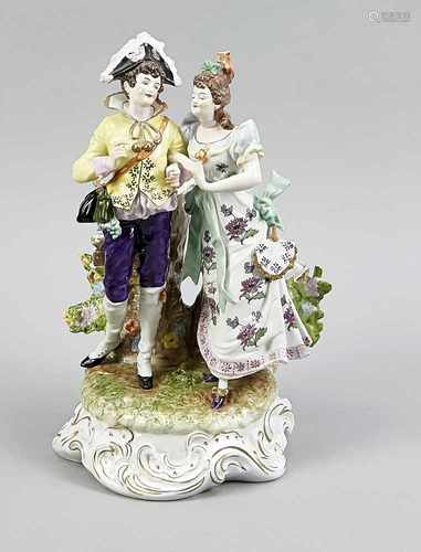 Large German Sitzendorf porcelain figure. Set dressed in Baroque costumes. Two vases verso. Second