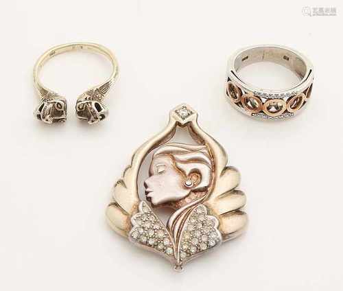 Three silver jewelry, 925/000, comprising a pendant with a woman's head and zirconia, programs,