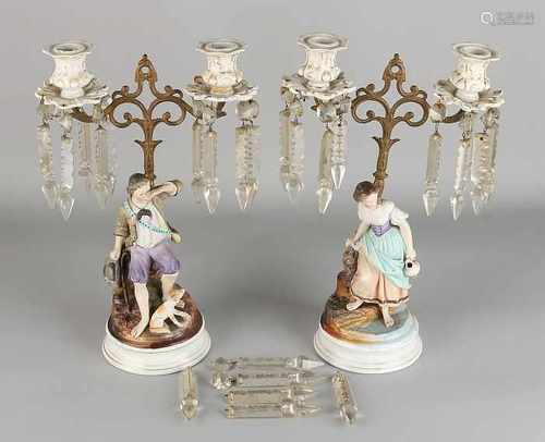 Two 19th century French porcelain candle candlesticks with figures and brass. Blind Brand. One