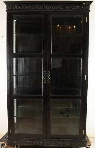 High large two-door teak display cabinet with faceted glass and shelves. Second half 20th century.