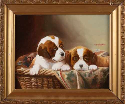 Ans du Chien? Second half 20th century. St. Bernard dogs. Oil paint on panel. Size: 25 x H B 30