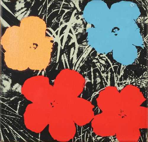 To Andy Warhol. Flowers. Lithography on linen. Size: 35 x H, B 35 cm. In good condition.