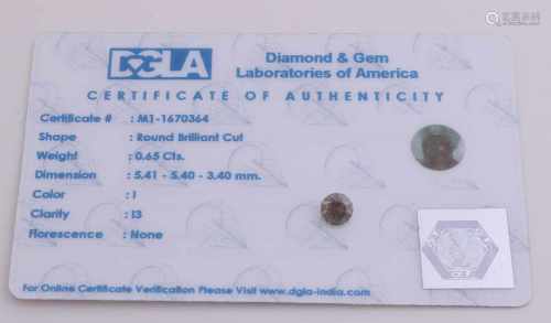 The brilliant-cut diamond, 0,65 ct purity I3, color I. With DGLA certificate.