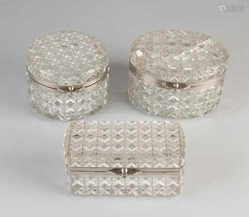 Three crystal lid boxes with nickel plated brass mounts. 20th century. Size: 12-15 cm. In good