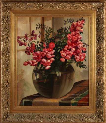 Coen Geevers. Circa 1930. Vase with Flowers. Oil on linen. Size: 60 x H, B 50 cm. In good