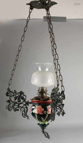 Antique majolica nouveau hanging kerosene lamp circa 1910 with floral decor and jugendstill lamp