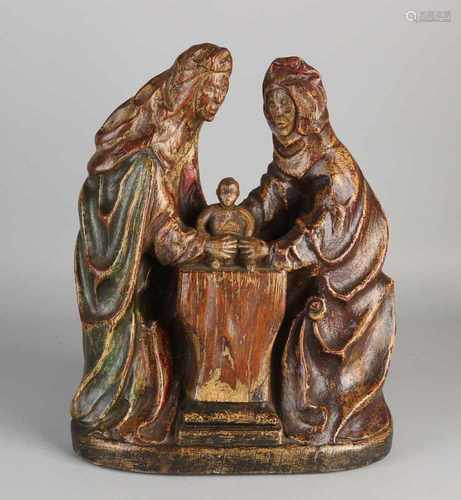 17th century gothic oak inserted holy FIG. Virgin and Child with Saint Anne. With original