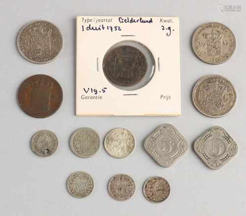 Lot 13 (especially silver) coins including: 1 Dout 1752 Gelderland, 1 Cent, 1837, 1863 Gulden 1/2,