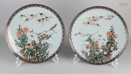 Two antique Japanese cloisonne signs with crane decor. Meiji period. Circa 1880. One with slightly