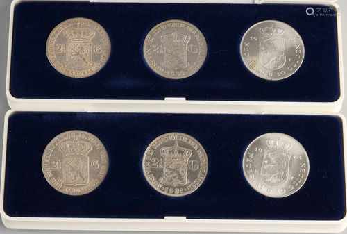 Lot 6 silver coins 2.5 Guilder Netherlands: 1859, 1871, 1930, 1931, 1973 (2x) in various