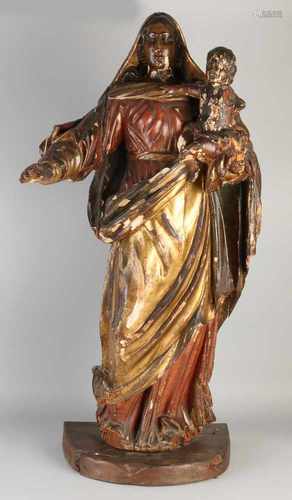 Great 17th century gilded carved wood ecclesiastical figure. Mary with baby Jesus. Old worm