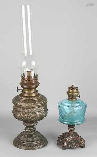 Two antique kerosene lamps. Circa 1900. Size: 28-55 cm. In good condition.