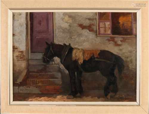 Gert Stegeman. 1858 - 1940. Resting draft horse with tarpaulin. Oil paint on panel. Size: 45 x H,