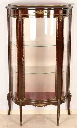 French mahogany one-door cabinet with curved glass and bronze fittings. Style furniture. Second half