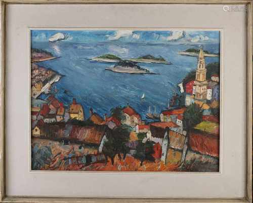 Fedor Melancec. 1902 - 1985. Zagreb, Yugoslavia. Motiv aus Ilvara. Coastal town Croatia. Oil on