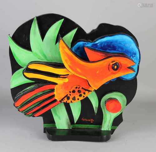 Cobra style sided sculpture signed corneille. Hand painted with bird décor and other a cat. 2nd half