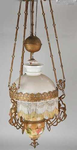 Antique Art Nouveau Majolica hanging kerosene lamp. Later electrified. Size: 55 x 28 cm dia. In good