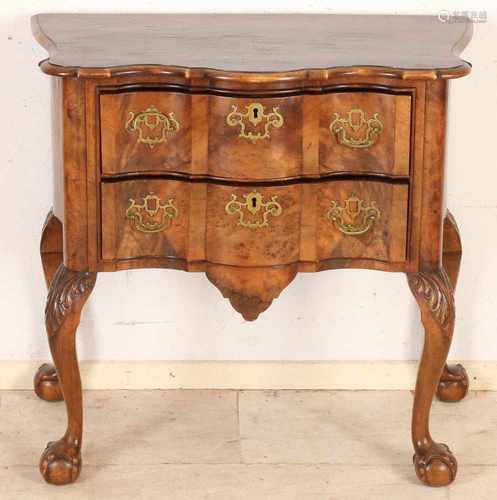 19th century Dutch organ curved burl commode on tall legs, with bronze fittings or claw feet.