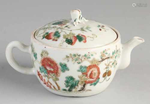 Small 18th - 19th century Chinese porcelain teapot with floral / fruit decor. Bottom Brand. Size: 14