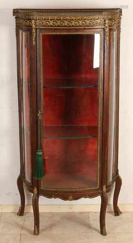 19th Century French walnut china cabinet with curved front, bronze fittings, marble top and glass