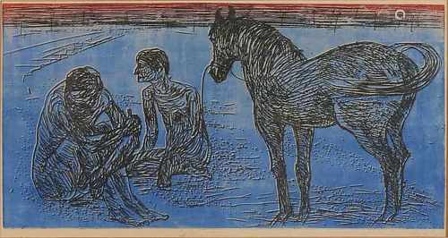 Ria Exel. 1915 - 1985. New Hague School. Waiting for Godot. Colored etching on paper. Size: 26 x