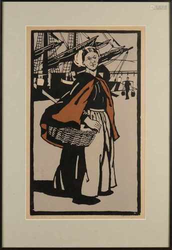 Roeland King. 1898 - 1985. Scheveningen fisherwoman. Linocut on paper. Size: 52 x H, B 32 cm. In