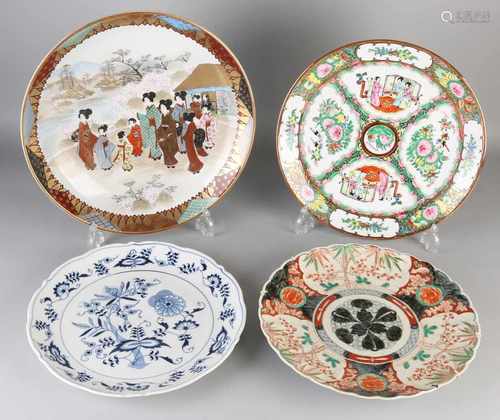 Four various old / antique porcelain large plates. Comprising: Imari, 19th-century estate. Blue