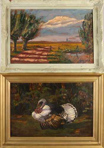 Two works by Romke Faber. 1884 - 1953. Landscape, 1945. + Turkey at grove. Oil paint on panel. Size: