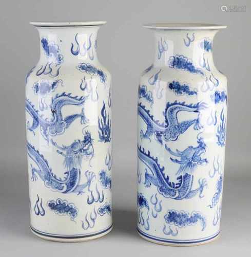 Two large antique Chinese porcelain rolvazen with dragons decor. Lamp caps, holes in soil.