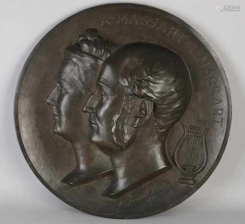 Large antique French bronze wall plaque. Title: A. Massart, L. Massart. By Trocmé Becker A. F. 1896.