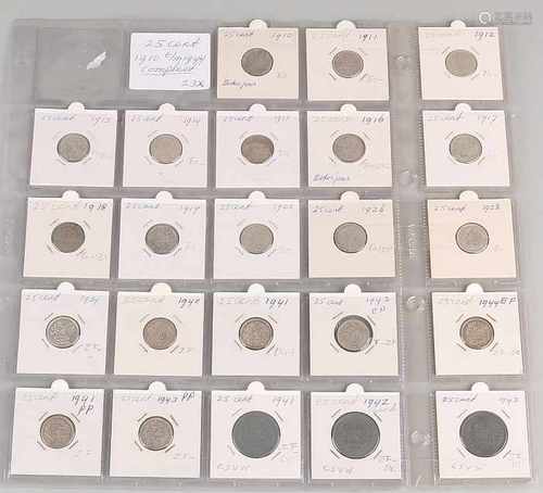 Lot 23 with coins of 25 Cent, 1910 t / m 1944 complete.