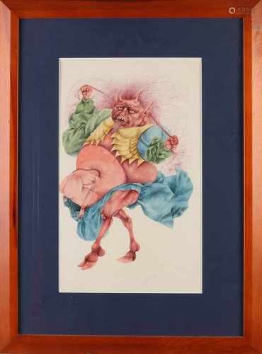 R. Nelissen. 1972. 1944 -. Surrealistic devil figure. Watercolor on paper. Size: 50 x H, B 31 cm. In