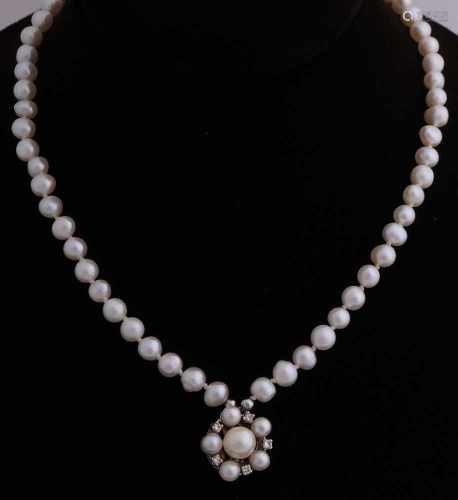 Pearl necklace in the middle is provided with a hanger white gold, 585/000, in rosette shape, ø 15