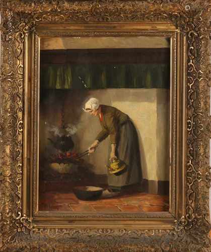 H. van Langen. 1874 - 1964 Peasant Woman at fireplace. Oil on linen. Size: 40 x H, B 30 cm. In