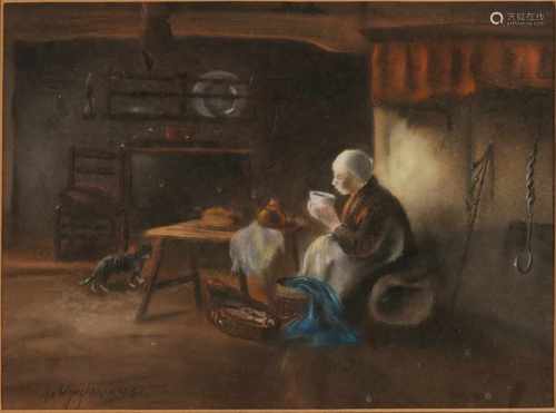 H. van Wijngaarden. Circa 1930. Farmers interior with woman. Pastel on paper. Size: 34 x H, B 46 cm.