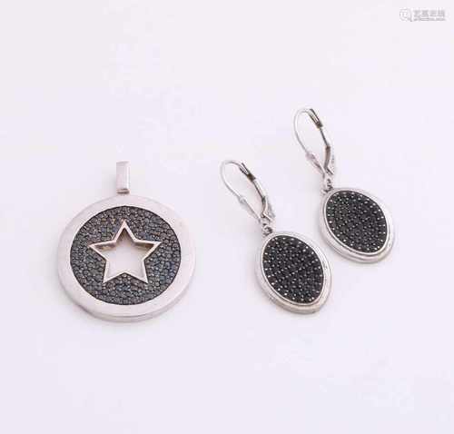 Silver pendant and earrings, 925/000, with black stones. Round pendant with black stones and a