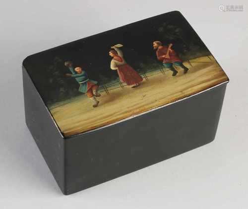 Rare great 19th century Russian lacquer box with cover with dancing figures. Inside, original label.