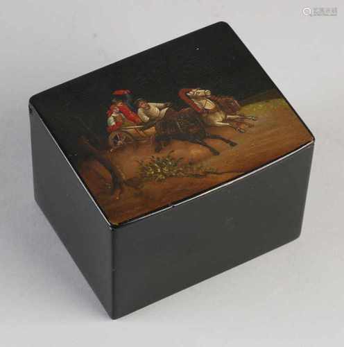 Rare 19th century Russian lacquer box with cover horse narrow span and three figures. Vischnyakon.