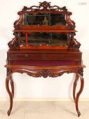 19th Century Dutch mahogany Biedermeier ladies desk with pull-out writing surface, three drawers,