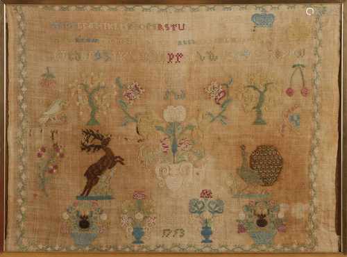 18th Century Dutch sampler. Annotation 1753. With floral crowns and animal decor. Damages. Size: