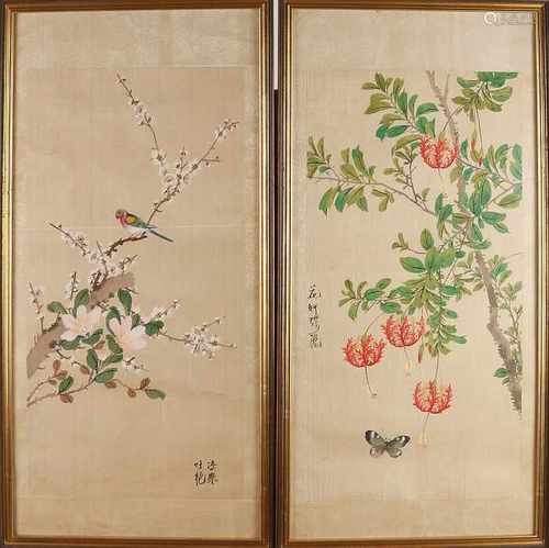 Two old Japanese silk paintings. Signed. Birds on blossom branches. Gouache. Size: 68 x H, B 36