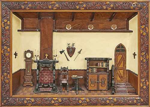 Antique wooden wall diorama. Circa 1920. Interior with brassware. 20th century. Size: 60 x H, B 81