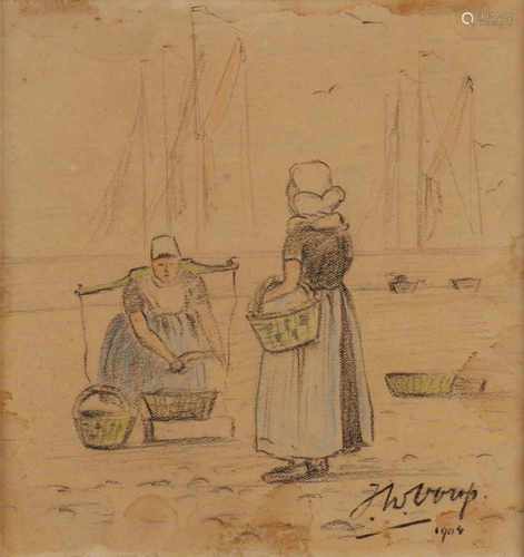 Jan Toorop. 1904. 1858 - 1928. Fishermen's wives on the quay. Pencil on paper. Size: H 15.5 x W 15